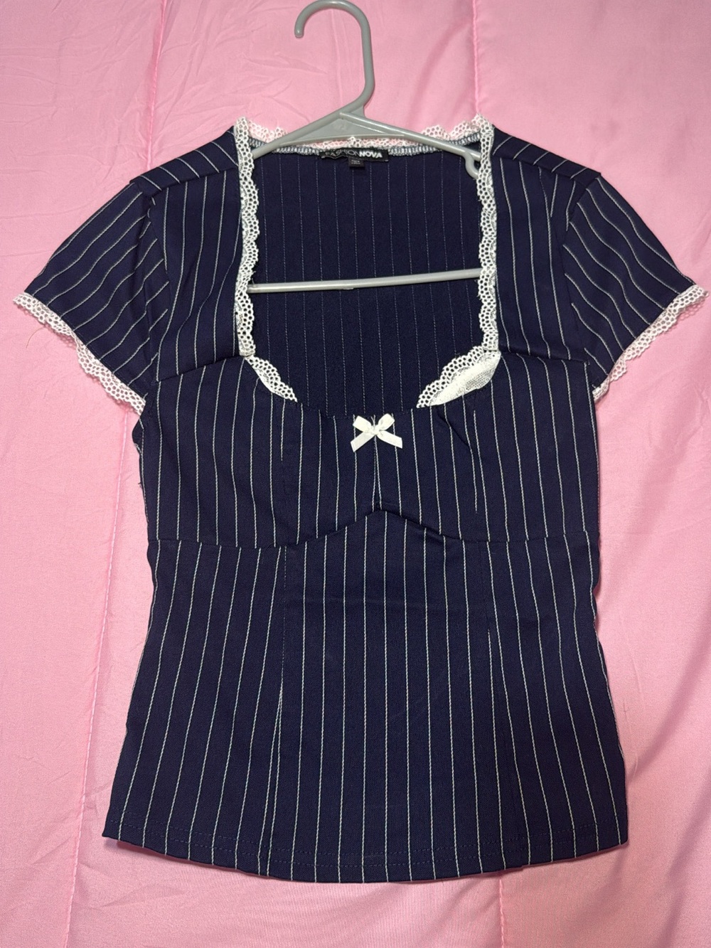 Fashion Nova Navy Pinstripe Lace-Trim Bustier Top